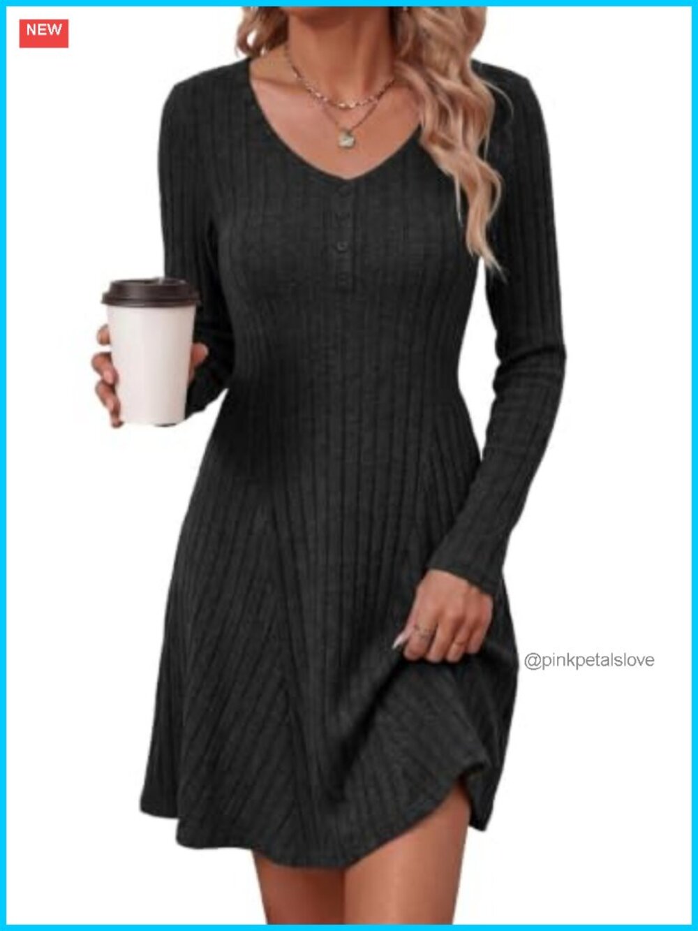Long Sleeve Ribbed Knit Sweater Dress V-Neck Button Fit Flare Mini